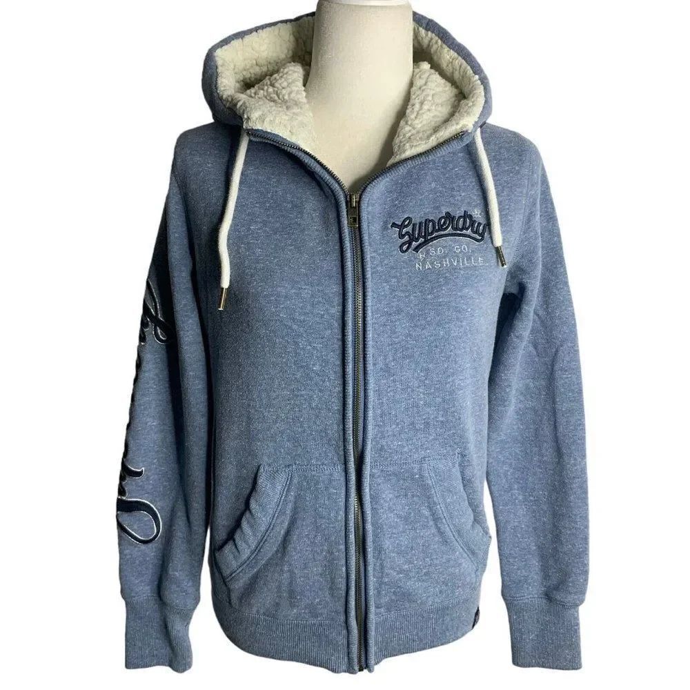 Superdry Nashville Full Zip Hoodie Sweatshirt S Blue Sherpa Embroidered Pockets